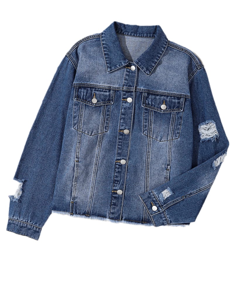 Front of a size 1x Dark Blue Plus Size Distressed Flap Pocket Denim Jacket in Dark Blue by Très Chic. | dia_product_style_image_id:319833